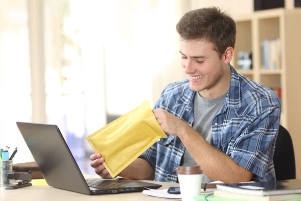 Happy Entrepreneur Man Opens Envelope Sitting Desk Office — Stock Photo, Image