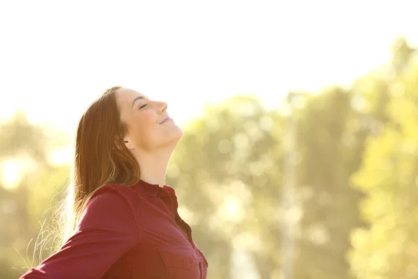 Relaxed Woman Breathing Fresh Air Outdoors Standing Outstretching Arms Park — Stock Photo, Image