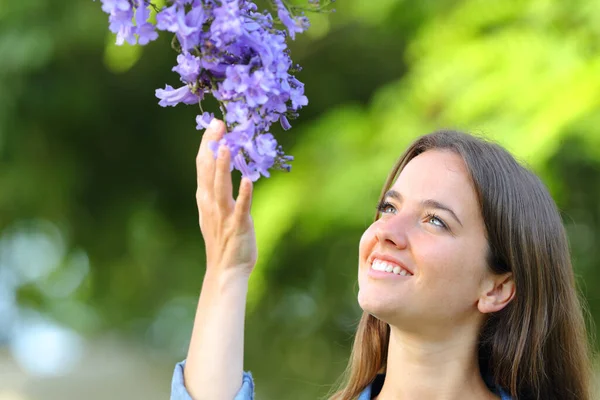 Szczęśliwa Kobieta Dotykając Kontemplując Purpurowe Kwiaty Parku Lub Ogrodzie — Zdjęcie stockowe