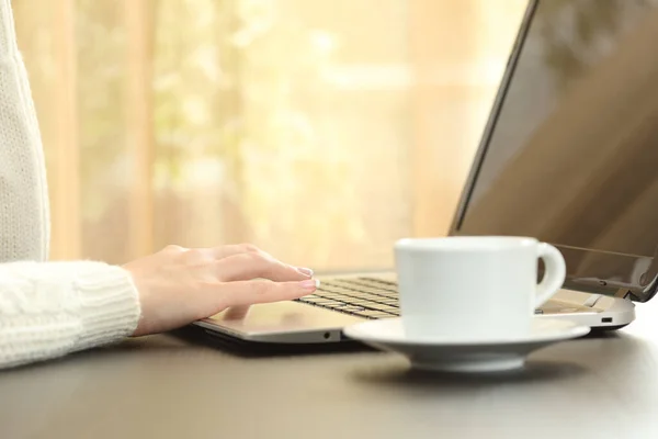 Närbild Kvinnliga Händer Med Hjälp Laptop Sitter Ett Bord Med — Stockfoto