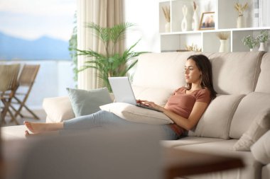 Evde bir kanepede dizüstü bilgisayar kullanan rahat bir kadın.