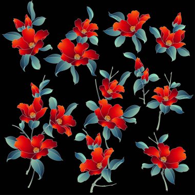 Japon tarzı Kamelya illüstrasyon, Japon tarzı Kamelya tasarımı,