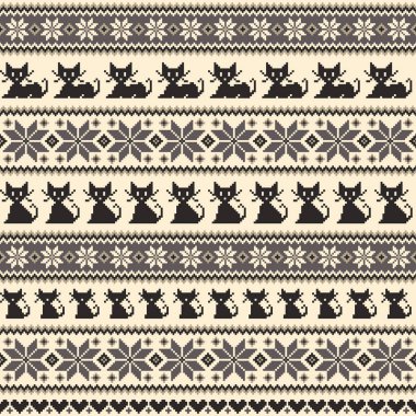 Nordic olaylar illüstrasyon kedi desen, geleneksel İskandinav desen tasarlanmış,