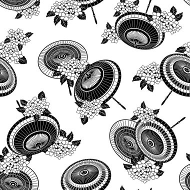 Japon geleneksel şemsiye ve ortanca desen,