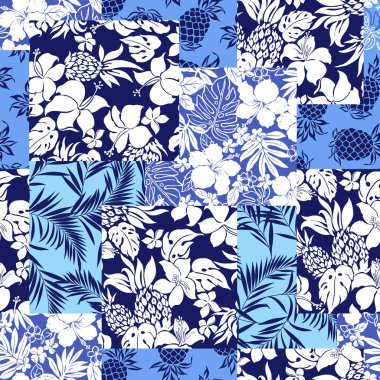 Tropikal çiçek bitki patchwork illüstrasyon desen