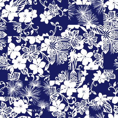 Tropikal çiçek bitki patchwork illüstrasyon desen