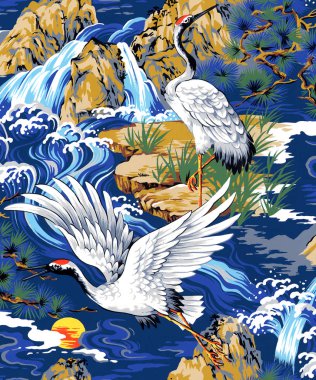 Güzel Japon tarzı ile freehand çizim dikişsiz vinç deseni, Nasıl tuğla düzenlemek için, Yarım adım besleme, Dikey dikey olarak kaydırılır ve yatay yarı kaydırılır, Ben sorunsuz devam,