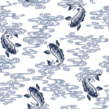 Japon tarzı sazan balığının kusursuz deseni Japon geleneksel resim tekniğinde bir sazan balığı çizdi.,