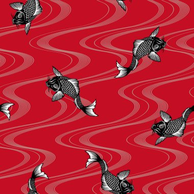 Japon tarzı sazan ve dalgaların kusursuz deseni, Japon resim tekniğinde bir sazan ve bir dalga tanımladım.