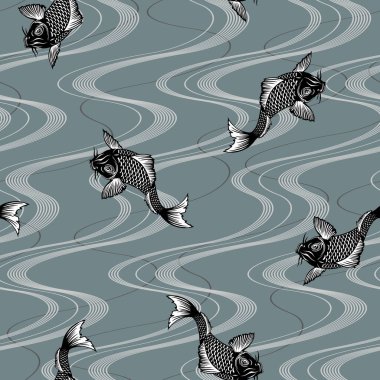 Japon tarzı sazan ve dalgaların kusursuz deseni, Japon resim tekniğinde bir sazan ve bir dalga tanımladım.