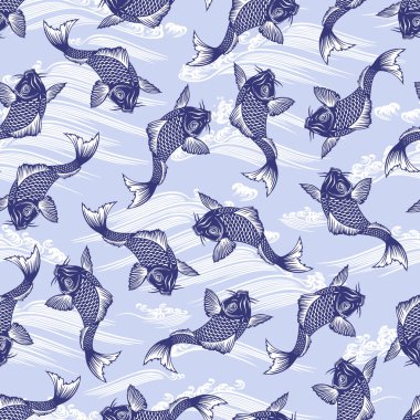 Japon tarzı sazan ve dalgaların kusursuz deseni, Japon resim tekniğinde bir sazan ve bir dalga tanımladım.