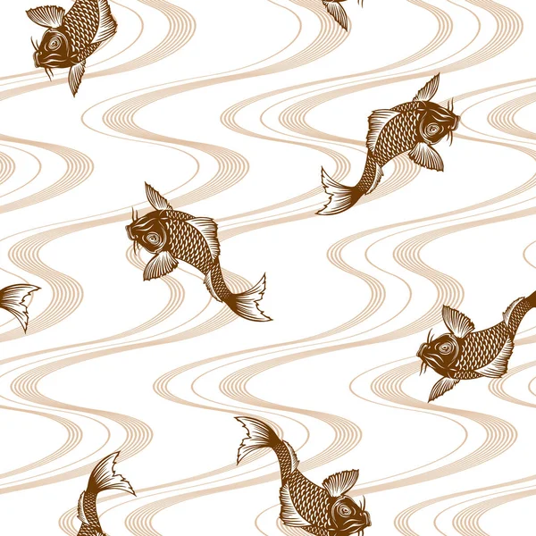 일본식 잉어와 파도의 바다없는 패턴을 했습니다 그림의 기술에 있어서 잉어와 — 스톡 벡터