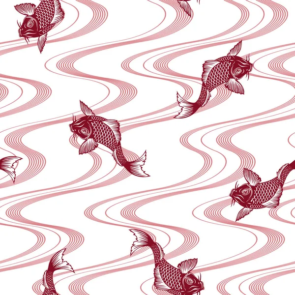 일본식 잉어와 파도의 바다없는 패턴을 했습니다 그림의 기술에 있어서 잉어와 — 스톡 벡터
