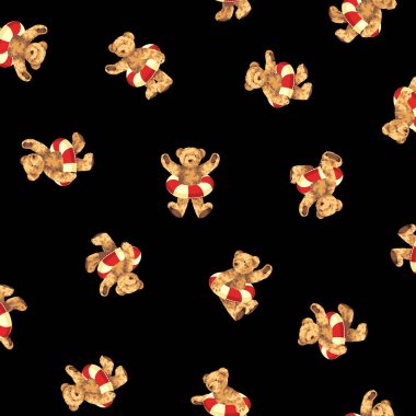 Yüzme yüzüğü tutan bir ayının gerçekçi ve şirin bir tasviri.,