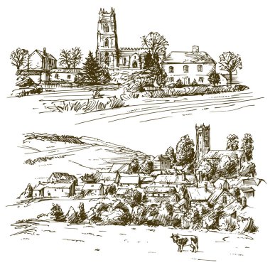 English country village. Hand drawn set. clipart