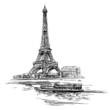 Eyfel Kulesi. Paris, Fransa. Elle çizilmiş illüstrasyon.