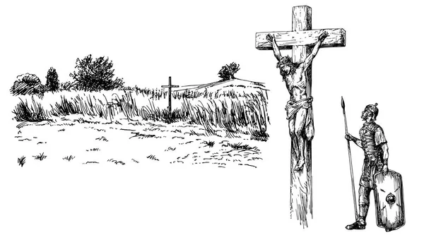 Jesus Cristo Crucificado Conjunto Desenhado Mão —  Vetores de Stock