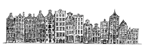 Maisons Canal Amsterdam Bâtiments Rangée Illustration Dessinée Main — Image vectorielle
