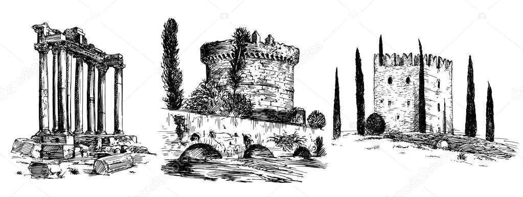 Set of romantic Italian castles and monuments. Hand drawn set