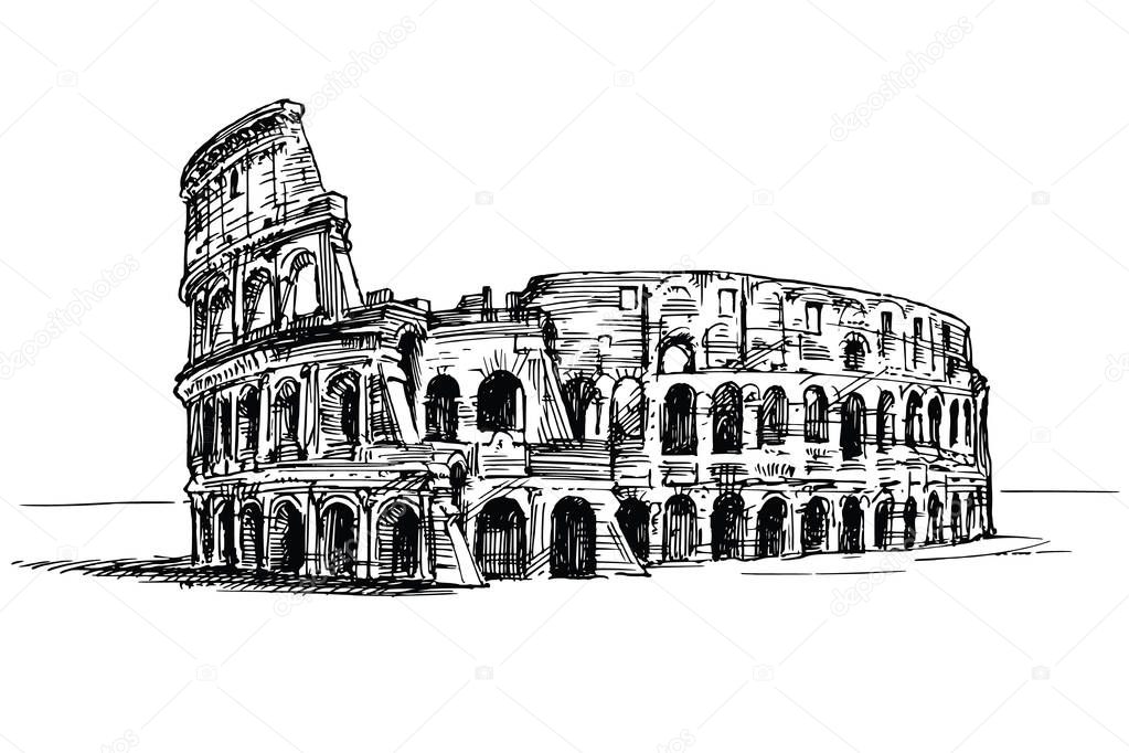 Colosseum, Rome, Italy. Hand drawn illustration.