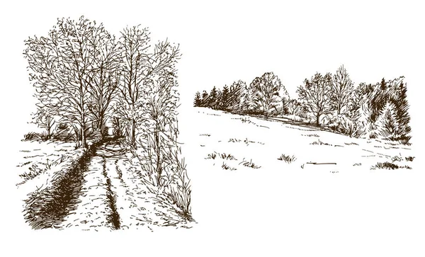 Rural Landscape Hand Drawn Set — Stock Vector