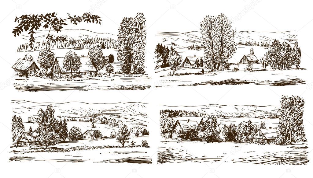 Rural landscape. Hand drawn set.