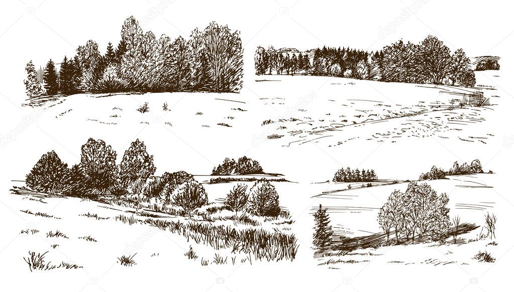 Rural landscape. Hand drawn set.