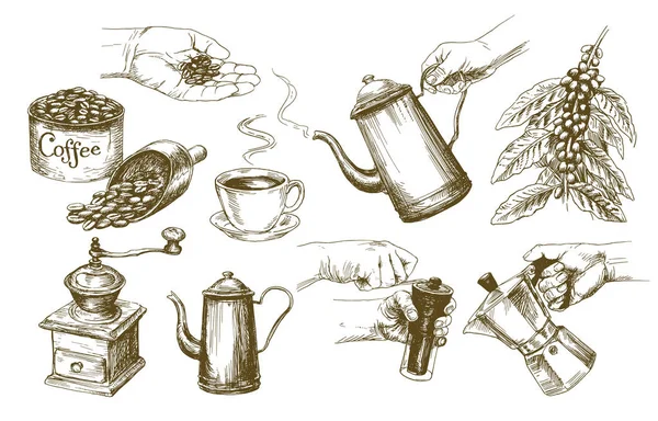 Conjunto de café. Ilustração vetorial desenhada à mão . — Vetor de Stock