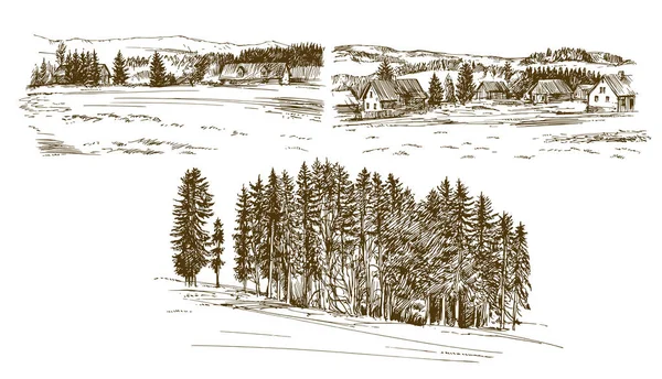 Paysage rural. Set dessiné à la main. — Image vectorielle