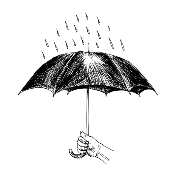Paraguas bajo la lluvia. ilustración dibujada a mano . Vector de stock
