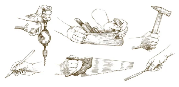Manos de carpintero trabajando con un cincel y herramientas de tallado . Gráficos vectoriales