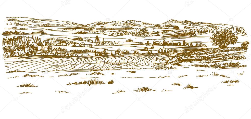 Rural landscape. Hand drawn set.