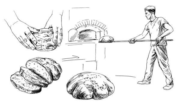 베이커는 고전적인 오븐에 빵을 소개합니다. 손으로 그린 일러스트라티 — 스톡 벡터