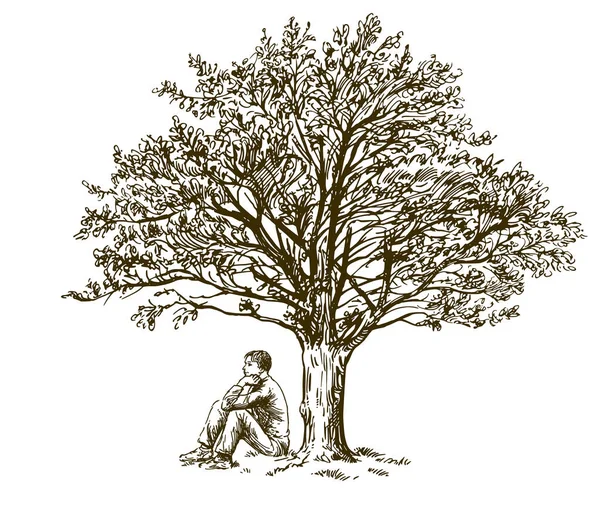Чоловік Сидить Під Деревом Мальована Рука Ілюстрація — стоковий вектор