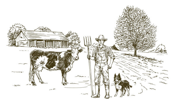 Farmer working at farm. Hand drawn illustration.