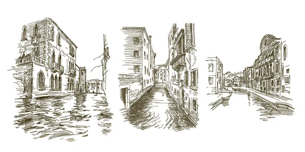 Paysage Urbain Traditionnel Venise Ensemble Dessiné Main — Image vectorielle