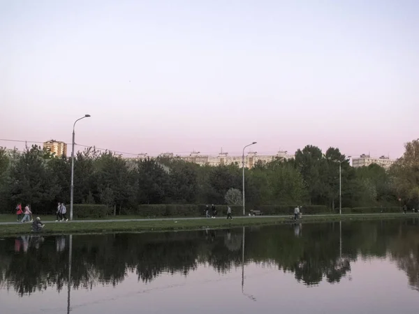 Ada ile bir gölet ile şehir parkı — Stok fotoğraf