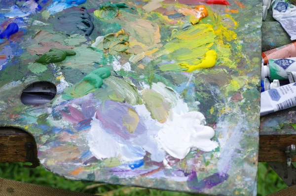 Doğa üzerinde yağlı boyalar ile çizim. Palet