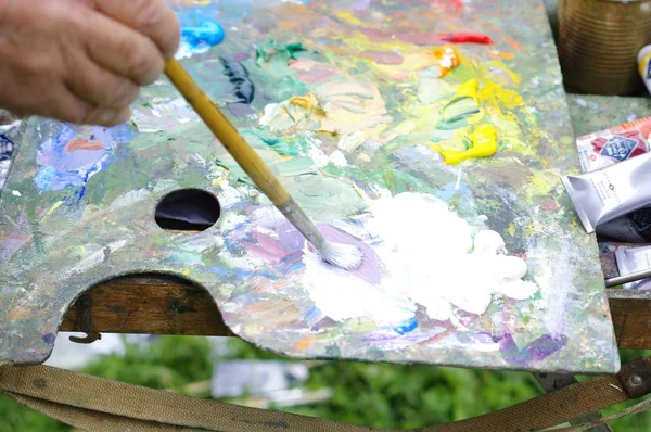 Doğa üzerinde yağlı boyalar ile çizim. Palet