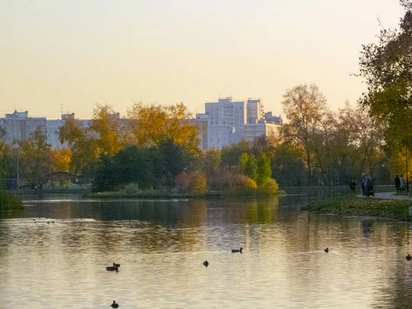 Осінній час, осінь у місті, міський осінній пейзаж зі ставком, люди гуляють та інші розваги — стокове фото