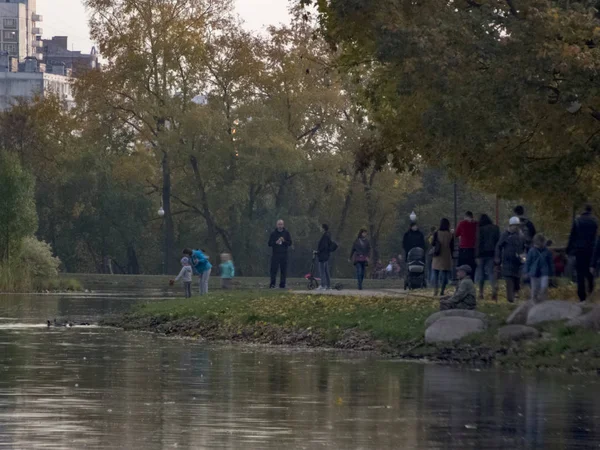 Sonbahar saati, şehirde sonbahar, bir gölet ile kentsel sonbahar manzara, insanlar yürüyüş ve diğer eğlenceli