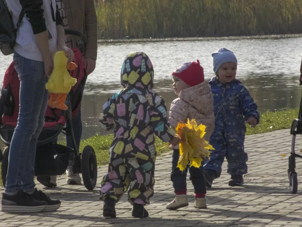 秋、市内の秋、池のある都会の秋の風景、歩く人など。楽しんでいる子供たち — ストック写真
