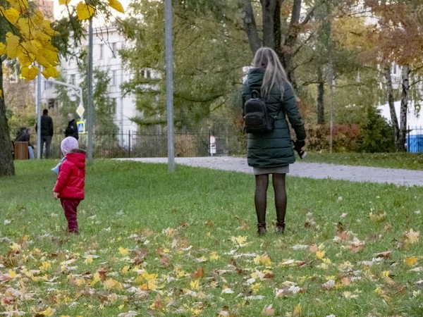 子供を持つ女性小さな女の子が秋の公園を歩きます。秋、市内の秋、池のある都会の秋の風景、歩く人など — ストック写真