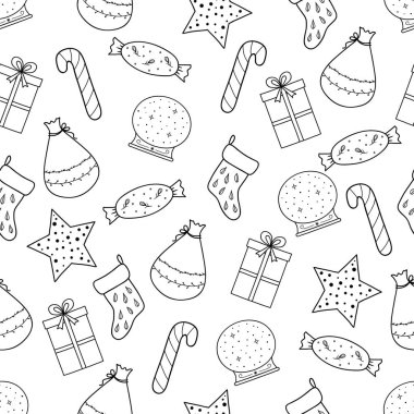 Desen tasarım için Noel öğeleri ile. El çekilmiş mutlu Noeller ve mutlu yeni yıl doodle seamless modeli. Anahat şenlikli kış seamless modeli. Boyama sayfası.