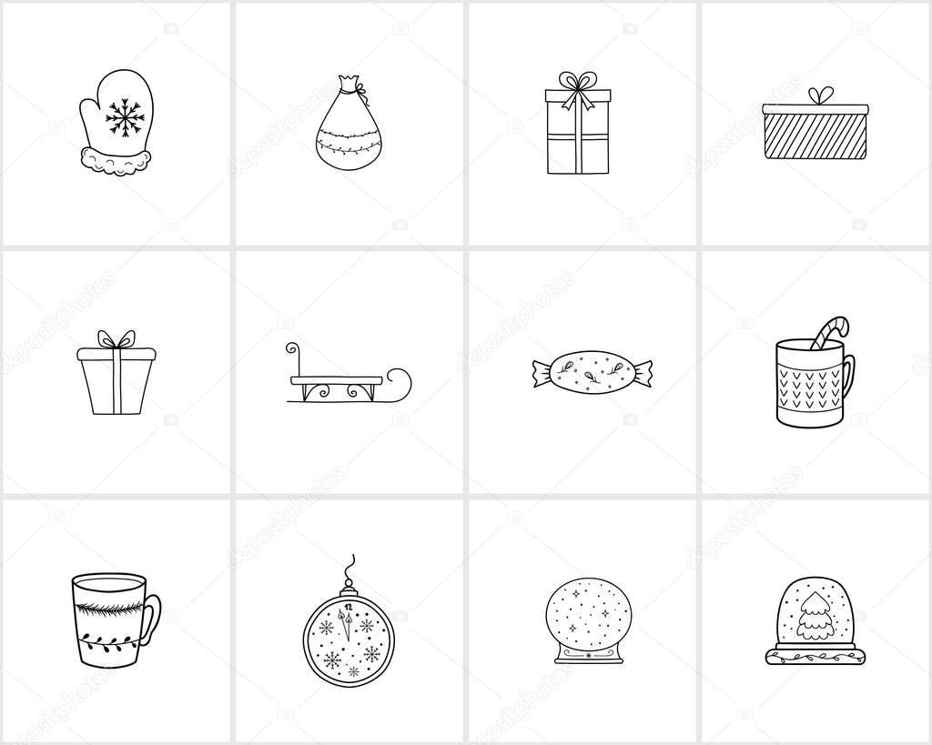 Hand drawn Christmas and New Year decorations and elements.Template for Greeting Scrapbooking, Congratulations, Invitations.Warm winter mitten, gift boxes, sleigh,cups and mugs,candy, clock, christmas snow balls, snow globes