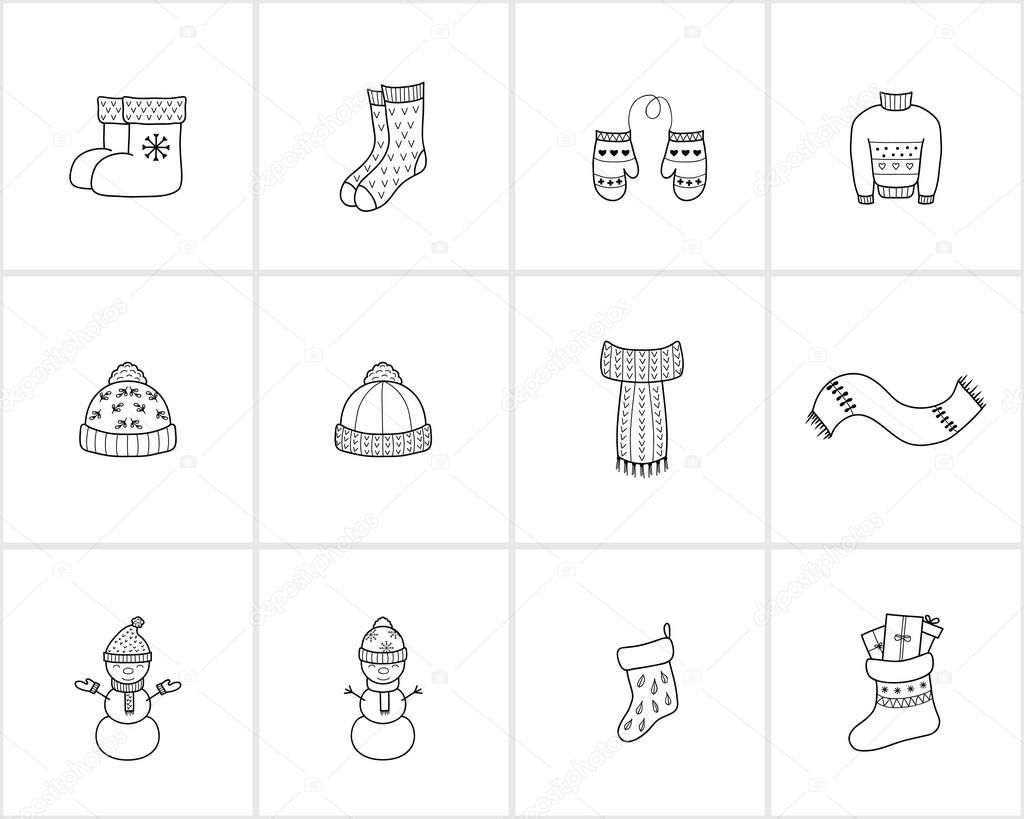Hand drawn Christmas and New Year decorations and characters.Template for Greeting Scrapbooking, Congratulations, Invitations. Winter hats, scarf,socks, gloves,christmas sweater,snowman, christmas socks with presents