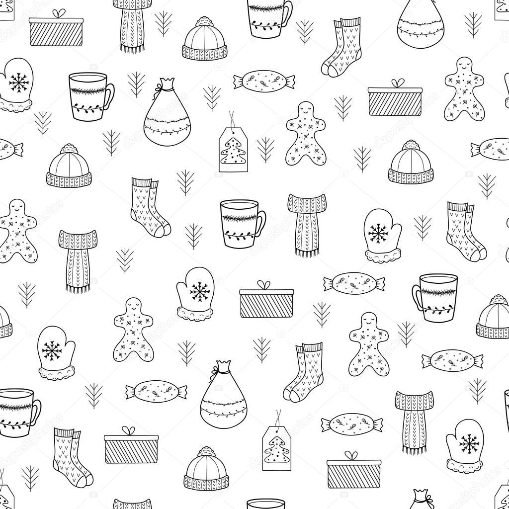 Pattern with Christmas elements for your design. Hand drawn Merry Christmas and Happy New Year doodle seamless pattern. Outline festive winter seamless pattern. Coloring page.