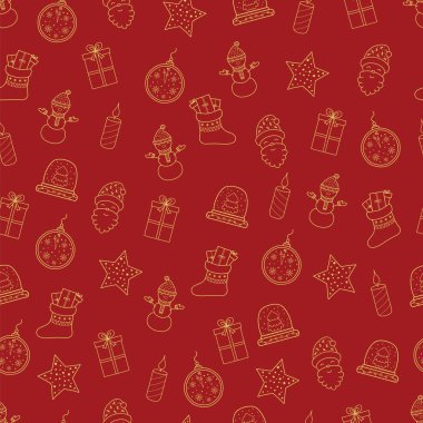Desen tasarım için Noel öğeleri ile. El çekilmiş mutlu Noeller ve mutlu yeni yıl doodle seamless modeli. Altın ve kırmızı şenlikli kış seamless modeli. Kardan adam, kristal kar küresi, izle kar taneleri, candels, Noel çorap, Noel Baba
