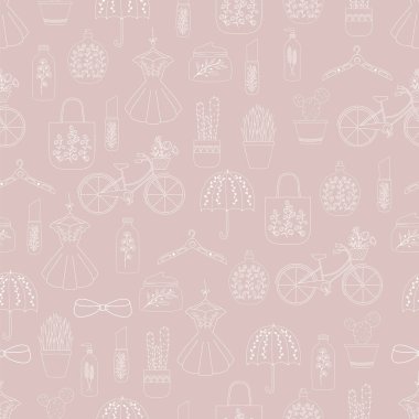 Elle çizilmiş doodle moda dikişsiz desen. Kadın giysi ve aksesuarları. Kız moda .