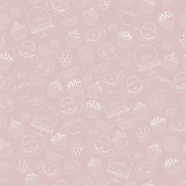 Fırın seamless modeli, gıda vektör arka plan siyah ve beyaz renk. El çekilmiş tatlı tatlılar, kek, kurabiye, çay fincanı, Çaydanlık. Bu model kullanılan kartvizit, kartpostal, davetiyeler, kağıt ambalaj